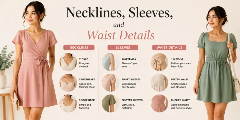 necklines, sleeves, and waist details